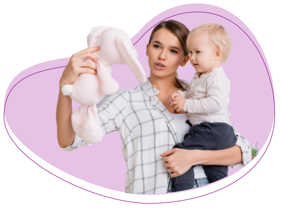 Mom and child with stuffed rabbit